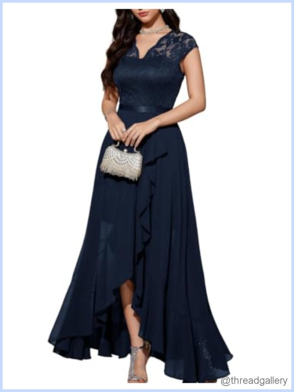V-Neck Hi-Lo Floral Lace Chiffon Formal Cocktail Wedding Guest Dress